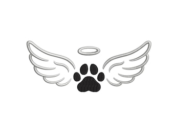 May include: A black paw print with a halo above it, surrounded by two white wings. This is a memorial symbol for a pet.