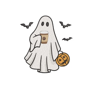 Halloween Ghost Embroidery Deisgn, Spooky Phantom with Coffee and Bat Embroidery File, Instant Download