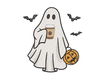 Halloween Ghost Embroidery Deisgn, Spooky Phantom with Coffee and Bat Embroidery File, Instant Download
