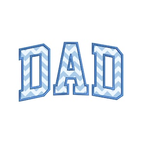 May include: The word "DAD" in blue outlined letters with a white and blue chevron pattern inside each letter.
