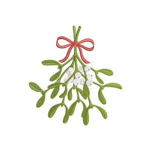 Könnte beinhalten: Eine Abbildung von Mistelzweigen mit grünen Blättern, weißen Beeren und einer roten Schleife. Das Design befindet sich auf weißem Hintergrund. Ideal für festliches Kunsthandwerk und Dekorationen.