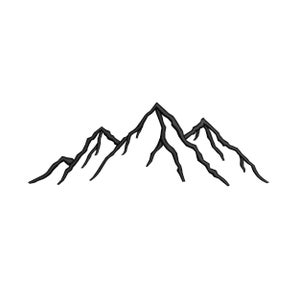 May include: A black line drawing of three mountain peaks against a white background. The peaks have jagged edges and are of varying heights, suggesting a mountain range. The style is minimalist and graphic.