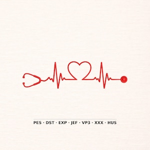 May include: A red line art design of a stethoscope and a heart, forming a heartbeat rhythm. The design is on a textured, off-white background. Below the design are the text abbreviations: PES, DST, EXP, JEF, VP3, XXX, and HUS.