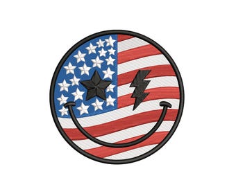 Retro USA Flag Smiley Face Embroidery Design, 4th of July Embroidery Pattern, American Smile
