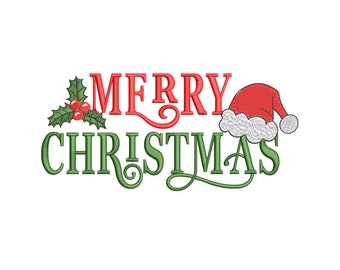 Merry Christmas Embroidery Design, Santa Hat Machine Embroidery file, Instant Download, 4 Sizes