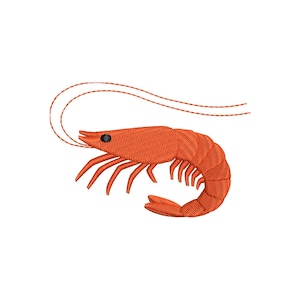 May include: Embroidered orange shrimp with detailed stitching. The shrimp features long antennae, multiple legs, and a curved body. The design is set against a clean white background, highlighting the intricate embroidery work.