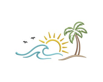 Sun Sea Waves Palm Tree Embroidery Design, Coastal Machine Embroidery File, 5 Sizes, Instant Download