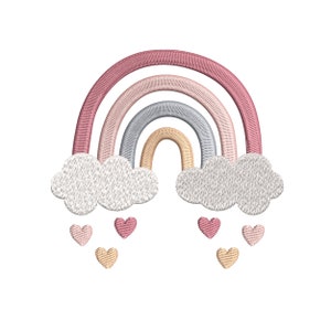 Boho Rainbow Embroidery Design, tęcza z chmurami i sercami, wzór do haftu maszynowego do pobrania natychmiast