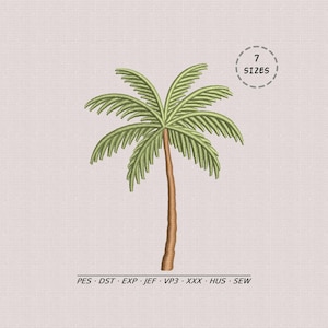 May include: An embroidery design of a palm tree with a brown trunk and light green fronds. The text 7 SIZES appears in a dashed circle above the tree. The text PES, DST, EXP, JEF, VP3, XXX, HUS, SEW is printed in a line at the bottom of the image.