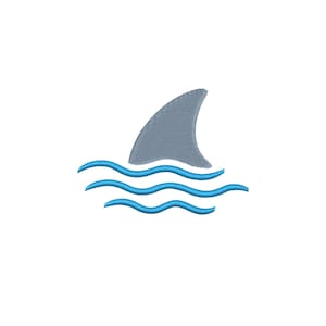 Puede incluir: Una silueta de aleta de tiburón azul con tres olas azules debajo, que representan el océano.