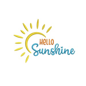 Può includere: Un sole giallo con raggi e una forma di mezzaluna con il testo "Hello Sunshine" in scrittura corsiva blu.