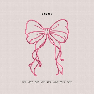 Coquette Bow Embroidery Design, Girly Double Ribbon Embroidery File, Instant Download, 6 Sizes