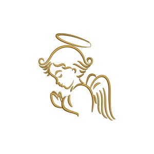 Puede incluir: Ilustración en línea dorada de un ángel rezando con los ojos cerrados, un halo y alas. El ángel está representado de perfil, con las manos juntas en oración. El diseño es simple y elegante, adecuado para bordados u otras manualidades.