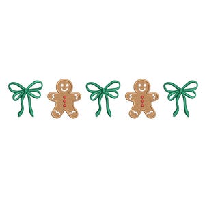 May include: A festive design featuring two gingerbread men and three green bows. The gingerbread men are brown with white icing details and red button accents. The bows are a vibrant green color, creating a cheerful holiday theme.