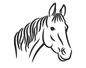 Disegno da ricamo con contorno di testa di cavallo, sport di equitazione, 6 misure, download immediato