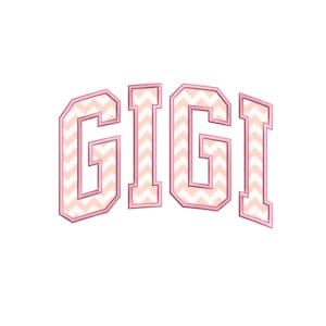 May include: A pink and white chevron pattern is used to create the letters "GIGI" in a bold, blocky font.