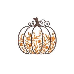 May include: A brown outline of a pumpkin with a floral design inside. The flowers are orange and the pumpkin is outlined in brown.