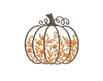 Floral Pumpkin Machine Embroidery Design, Autumn Vegetable Embroidery File, 3 sizes, Instant Download