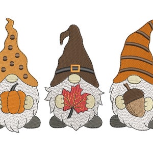 Autumn Gnome Embroidery Design, Fall Three Gnomes with Pumpkin Leaf Embroidery File Instant Download 4 Sizes
