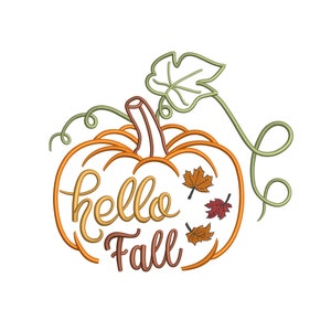 Fall Pumpkin Embroidery Design,  Hello Fall Pumpkin with Leaf Machine Embroidery Pattern, Autumn Digital Embroidery 6 Sizes