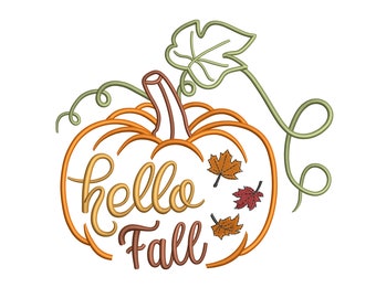 Pumpkin Hello Fall Embroidery Design, Autumn Machine Embroidery File, 6 Sizes, Instant Download
