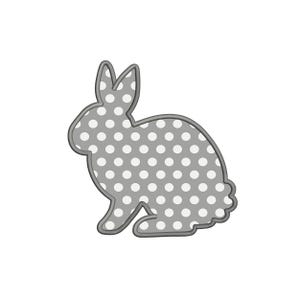 May include: A gray rabbit silhouette with a white polka dot pattern. The rabbit is sitting with its ears up.