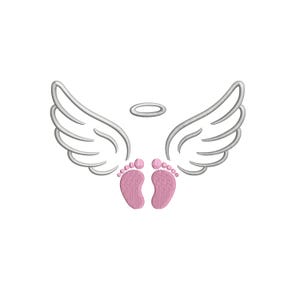 May include: A pair of pink baby footprints with a halo and wings above them. The wings are silver and the halo is a simple circle.