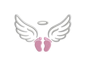 Baby Angel Wings Embroidery Design, Baby Feet with Halo Machine Embroidery File, Little Angel Wings Embroidery Pattern, 6 Sizes
