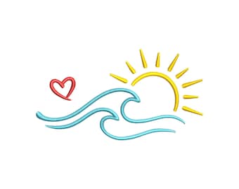 Sun Wave Heart Embroidery Design, Summer Salty Wave, Instant Download