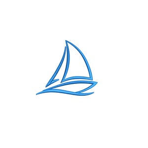 May include: A blue line drawing of a sailboat with a single sail, sailing on a wave.