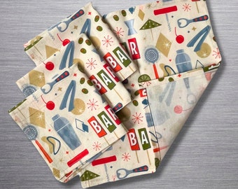 Vintage Bar Tools Cocktail Napkins | Organic Cotton Napkins | Cloth Cocktail Napkins | Barware | Coasters