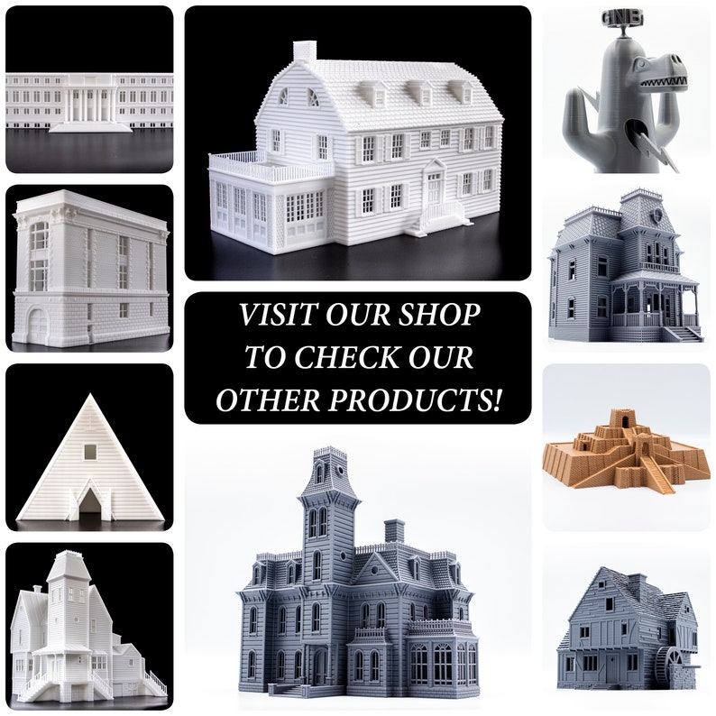 May include: A collection of 3D printed miniature houses in various styles, including a colonial, a modern, and a gothic design. The houses are all white or gray and are displayed on a black background. The text "VISIT OUR SHOP TO CHECK OUR OTHER PRODUCTS!" is displayed in the center of the image.