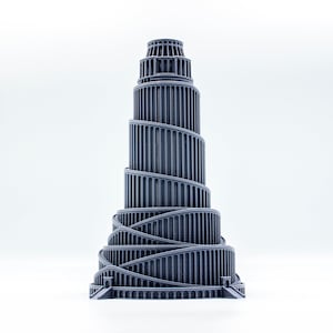 May include: A gray 3D printed model of a tall, spiraling tower with multiple levels. The tower has a rounded top and a base with a series of arches.