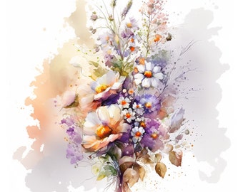 Watercolor Bouquet of Flowers 10 JPG High Quality Digital Download Images for Printable Decorations Wildflowers Images for Wedding