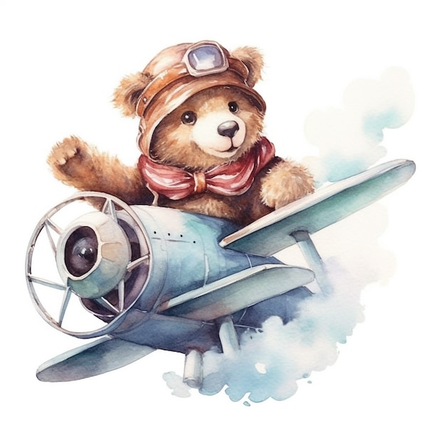 Watercolor Aviator Bear - 10 Digital Clipart Bundle - High Quality Images , Printable Art , JPEGs - Digital Download - Custom  Print