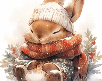 Aquarelle Lapin de Noël - 10 Digital Clipart Bundle - Images de haute qualité , Art imprimable , PNG - Téléchargement numérique - Impression personnalisée