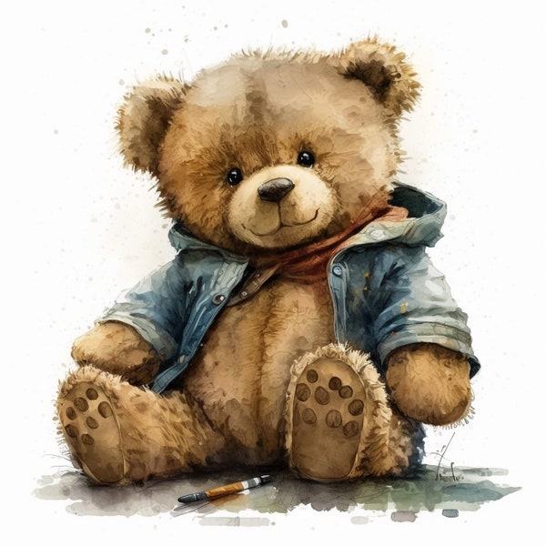 Clipart 10 JPGs ours en peluche, agenda numérique de haute qualité, créations en papier, ours en peluche aquarelle, clipart pour enfants, ours en peluche mignon,