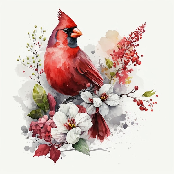 Watercolor Red Cardinal - 10 Digital Clipart Bundle - High Quality Images , Printable Art , JPEGs - Digital Download - Custom  Print