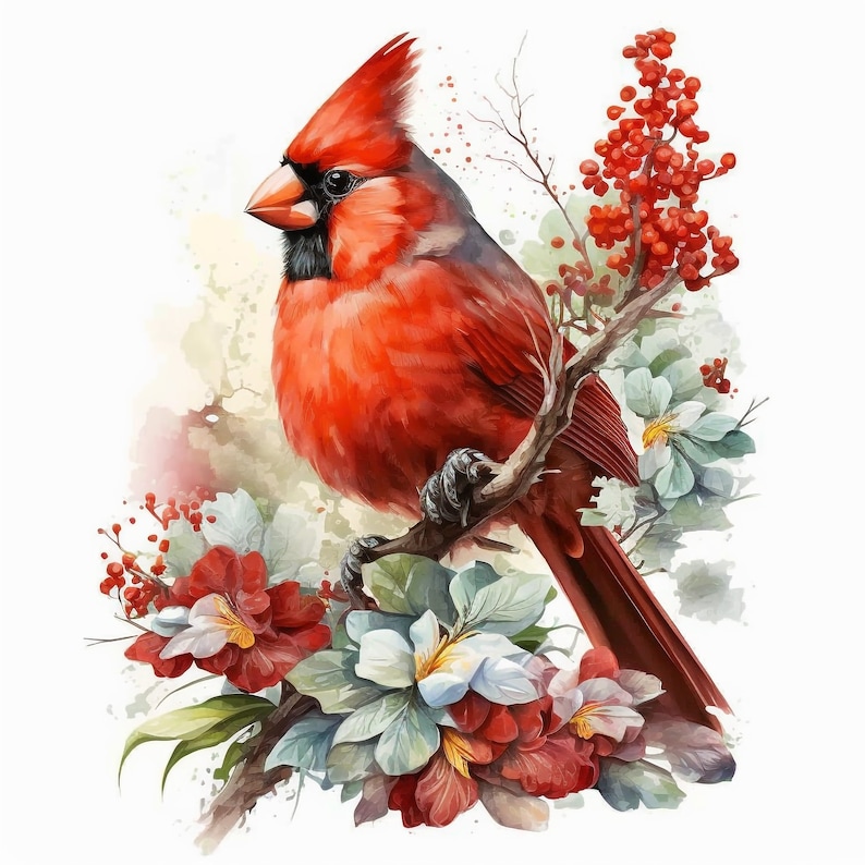Watercolor Red Cardinal 10 Digital Clipart Bundle High Quality Images , Printable Art , JPEGs Digital Download Custom Print image 10