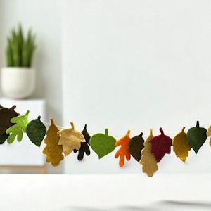 May include: A felt leaf garland in autumn colors, including shades of green, gold, brown, and burgundy. The leaves are strung together, creating a decorative banner. Perfect for fall decor.