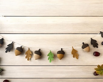 Wool Felt Fall Garland, Autumn Season Garland, Wool Felt Autumn Leaves and Acorns Fall Decor Garland and Bunting, Thanksgiving for Halloween