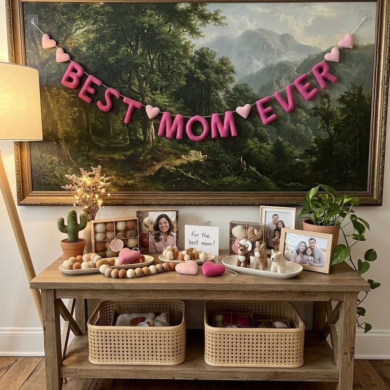 May include: A wooden table displays decorative items, including framed photos, felt hearts, and a banner that reads "BEST MOM EVER." A painting of a landscape hangs above the table. Two woven baskets sit below.