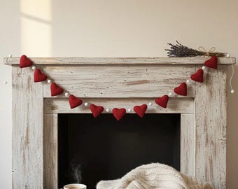 Wool Felt Handmade Heart Garland | Valentine’s Day Decor | Wedding & Anniversary Decoration | Romantic Bedroom Wall Decor | Couple Gift