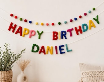 Personalized Happy Birthday Garland, Custom Felt Name Banner, Rainbow Birthday Decor, Party Decoration, Kids Birthday Sign