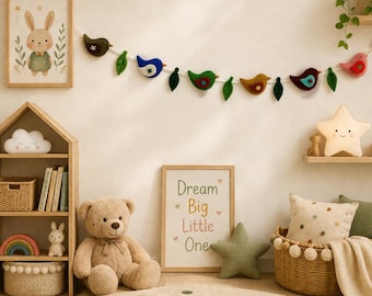 Handmade Wool Felt Bird Garland with Leaves – Nursery Wall Decor, Baby Room Hanging Banner, Kids Room Nature Theme Decor, Baby Shower Gift