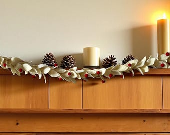 Wool Felt Christmas Garland, Cream Leaves, Red Berries, Handmade