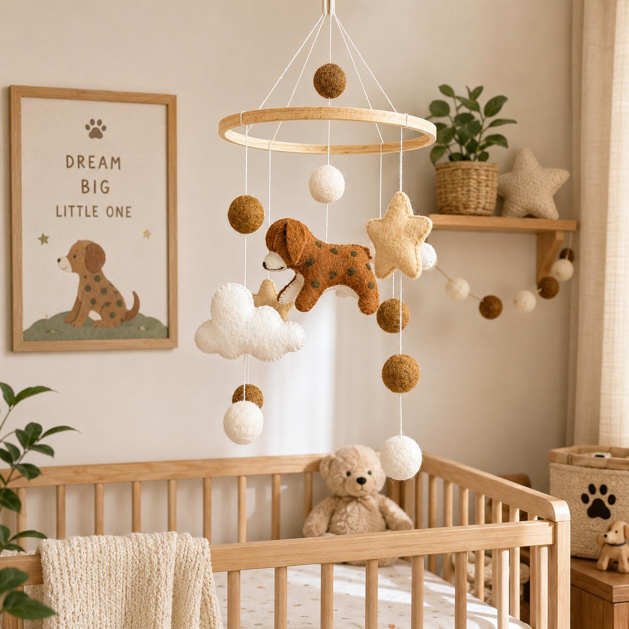 Dog Baby Mobile for Crib - Neutral Woodland Nursery Decor - Felt Dog Crib Mobile - Baby Boy Nursery - Handmade Baby Shower Gift