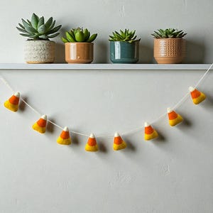May include: A white string of felt candy corn decorations hangs below a shelf with four potted succulents. The candy corn is yellow, orange, and white. The succulents are green and in various colored pots.