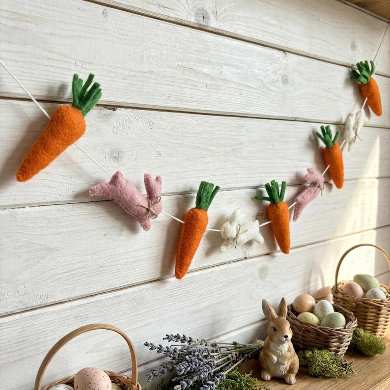 Wool Felt Easter Rabbit & Carrot Garland – Easter Decoration, Easter ...