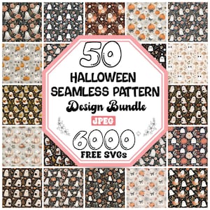 Op de afbeelding: Een verzameling van 50 Halloween naadloze patroonontwerpen. De patronen tonen geesten, pompoenen en bloemelementen in verschillende kleurenschema's. De afbeelding bevat ook de tekst "Halloween Seamless Pattern Design Bundle" en "6000 Free SVGs".